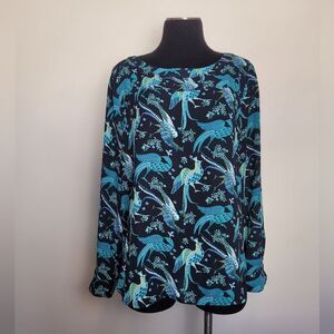 LOFT Snowbird Peacock Print Blouse Novelty Pleated Back Career Office Medium